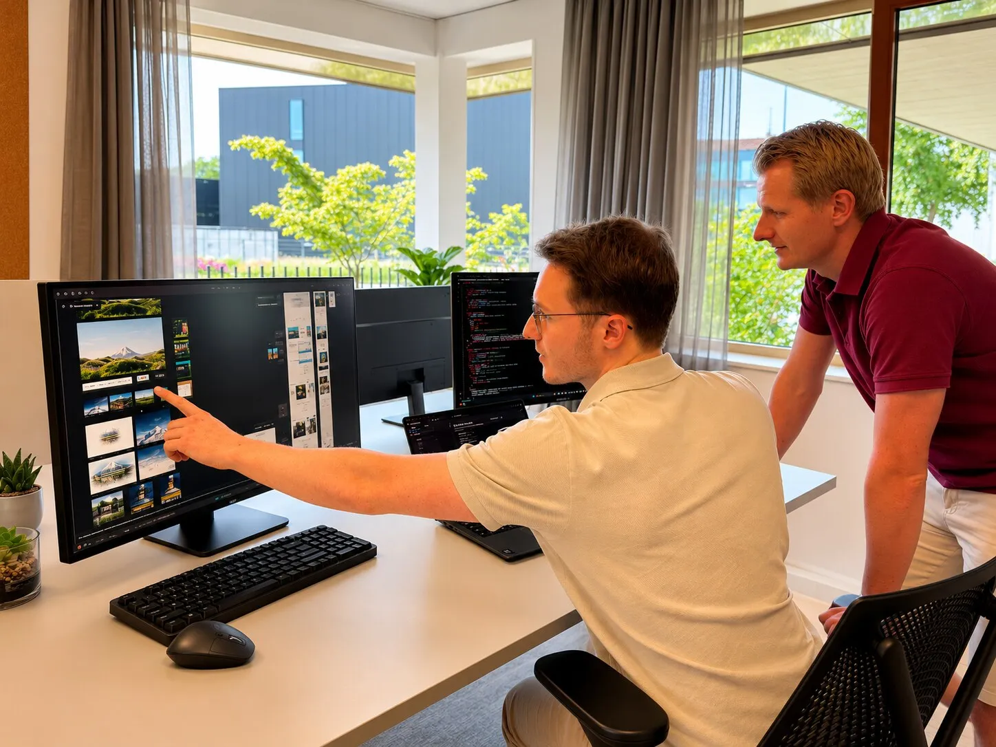 Twee TopDevs-collega's bekijken samen een ontwerp