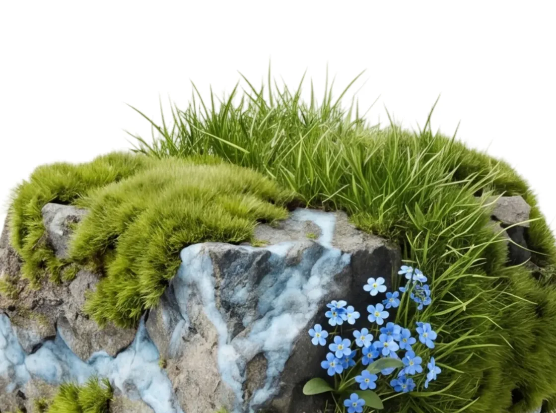 Gras en de eerste blauwe bloemen die opkomen