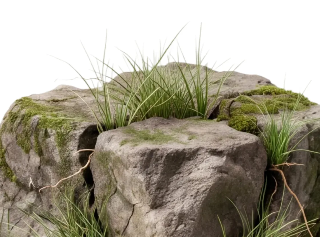 Eerste grassprieten die wortel schieten op de rots