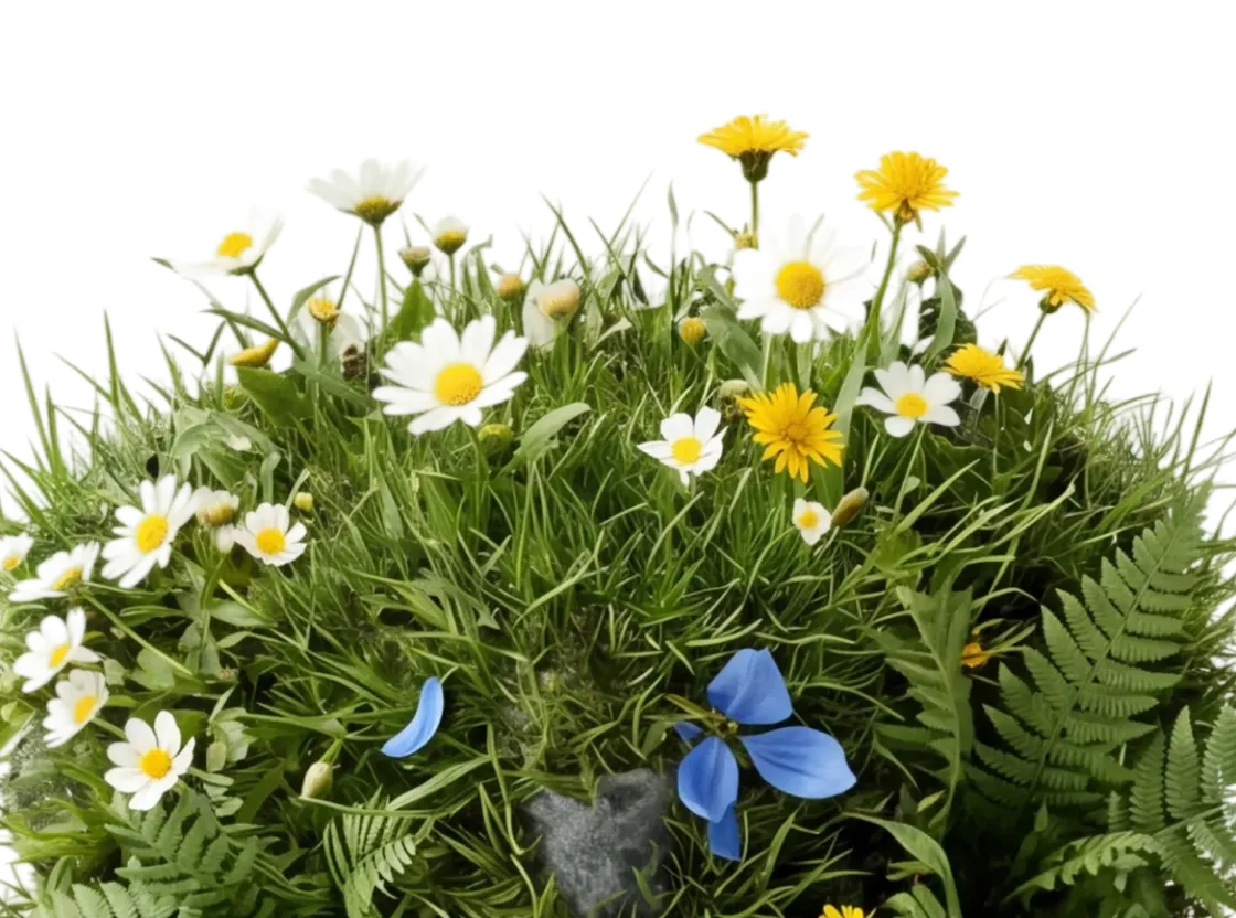 Een rots in volle bloei — grassen, madeliefjes en wilde bloemen